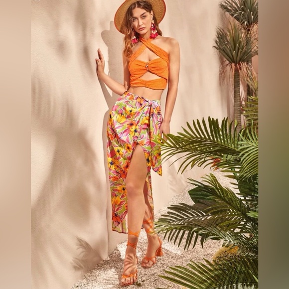 Summer Halter Top & Side Wrap Skirt 2 Piece Set - Picture 2 of 11